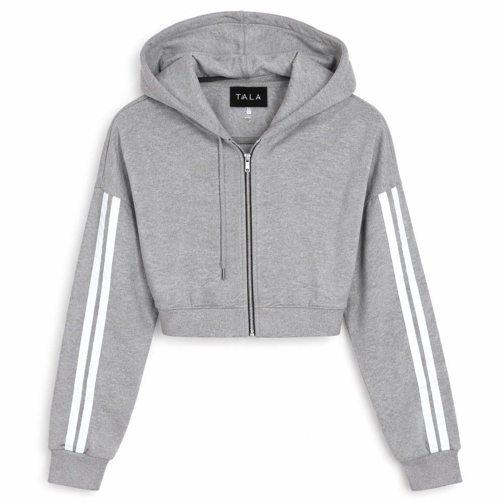 TALA Cropped Zip Hoodie Gray Size XL Athletic Streetwear Silver Racing Stripes‎
